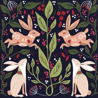 Patrón imprimible del arte popular escandinavo con conejitos y flores