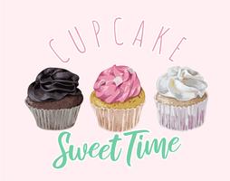 cupcake sweet time slogan with cupcakes illustration