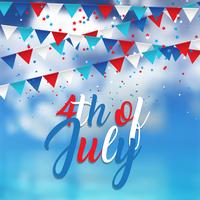 Diseño del 4 de julio con confeti y banderines sobre fondo de cielo azul vector
