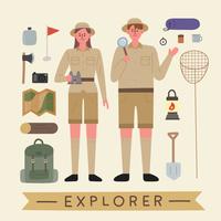 Hombres y mujeres en trajes de explorador y equipos para la exploración. vector