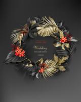 Tropical black and gold leaves wreath vector