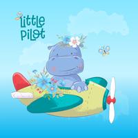 Cartoon illustration of a cute hippo on an airplane. Vector illustration