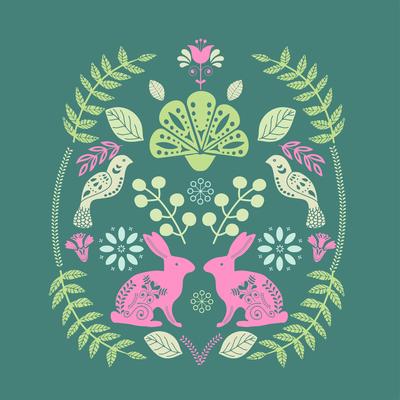 Scandinavian folk art printable pattern with bunnies and flowers 