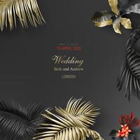 Tropical black and gold leaves on dark background vector