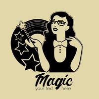 Vector illustration of young woman with magic wand. Magic retro emblem