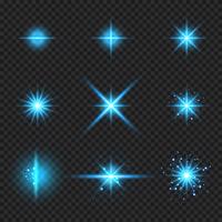 Conjunto de elementos que brillan intensamente rayos de luz azul ráfaga, estrellas estalla con destellos aislados sobre fondo transparente vector