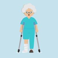 Mujer mayor pierna rota mantener y caminar con muleta de aluminio. vector