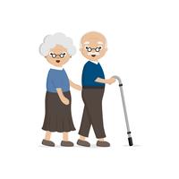 Senior Elderly couple. Old woman helping  an elderly man with walking stick.