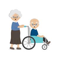 Senior Elderly couple. Old woman carries an elderly man in a wheelchair.