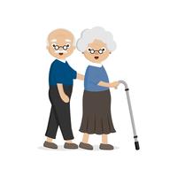 Senior Elderly couple. Old man helping  an old woman with walking stick. vector