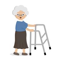 Old woman using helper walker. vector