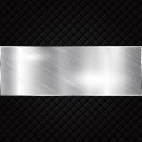 Silver metallic banner on black squares textured background.