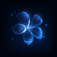 Beautiful magical glowing low polygonal plumeria flower surrounded by stars isolated on dark blue. vector