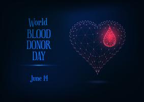 Banner de web del día mundial del donante de sangre con una gota de sangre de polietileno brillante y un símbolo y un texto del corazón
