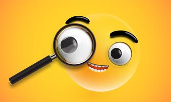 Yellow high detailed emoticon with a realistic magnifyer, vector illustration