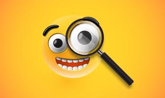 Yellow high detailed emoticon with a realistic magnifyer, vector illustration