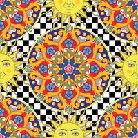 Fondo brillante sin fisuras Mandala ornamental redonda étnica colorida, sol con símbolo del rostro humano en el modelo a cuadros. Estilo de moda. Ilustración vectorial