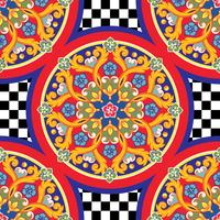 Seamless trendy bright background. Colorful ethnic round ornamental mandala on checkered pattern. Vector illustration