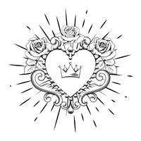 Beautiful ornamental heart with crown and roses in black color isolated on white background. Vector illustration