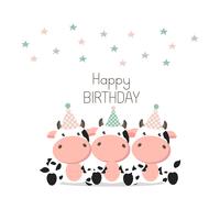 Tarjeta de felicitación de cumpleaños feliz vacas lindas. vector