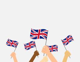 Vector illustration hands holding United Kingdom flags on gray background 