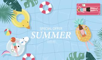 Summer sale background with tiny people,umbrellas, ball,float  in the top view pool.Vector summer banner vector