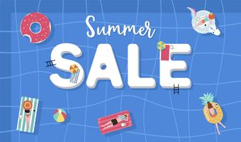 Summer sale background with tiny people,umbrellas, ball,float  in the top view pool.Vector summer banner vector