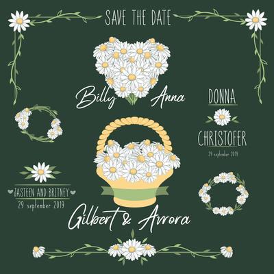 Daisy wedding invitation. Save the date. Basket with flowers. Heart