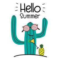 Hola verano concepto con cactus y piña divertido.