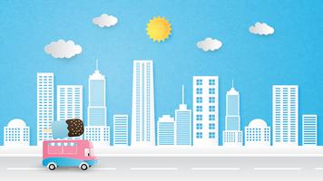 Cityscape background vector paper cut style with ice cream truck, Sun and clouds.