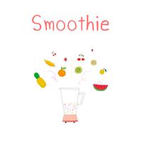 Hand drawn smoothies set includes pineapple, strawberry, banana, kiwi, tangerine, lemon and cherry. Blender with fruits. Vector illustration.