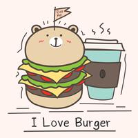 Amo el concepto de la hamburguesa con la taza linda de la hamburguesa y de café del oso.