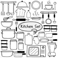 Line Hand Drawn Doodle Vector Kitchen Set Include Cooking Equipment. Vector Illustration.