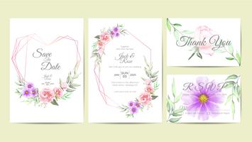 Elegante conjunto de plantillas de invitación de boda de acuarela marco floral. Dibujo a mano de flores y ramas Ahorre la fecha, saludo, tarjetas de agradecimiento y RSVP de usos múltiples vector