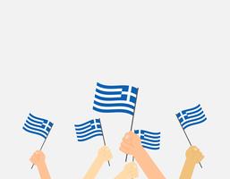 Manos de ilustración vectorial sosteniendo banderas de Grecia en el fondo vector