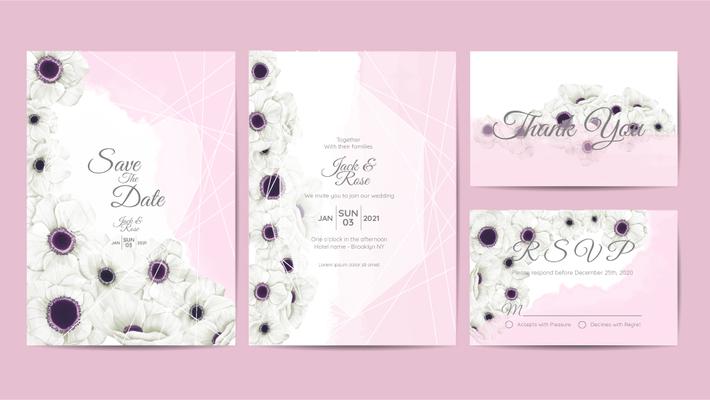 White Anemone Flowers Watercolor Wedding Invitation Template. Hand Drawing Flower and Branches Save the Date, Greeting, Thank You, and RSVP Cards Multipurpose