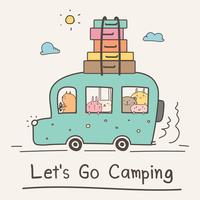 Let's Go Camping Concept. Hand Drawn Cute Animal On Van Vector Illustration.