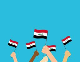 Manos de ilustración vectorial sosteniendo banderas de Irak aisladas sobre fondo azul vector