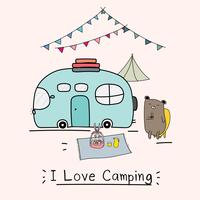 I Love Camping Concept With Cute Bear And Camping Car. Vector Illustration For Kids.