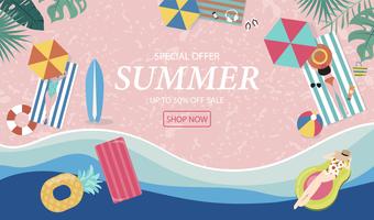 Summer sale background with tiny people,umbrellas, ball,swim ring,sunglasses,surfboard,hat,sandals in the top view beach.Vector summer banner vector