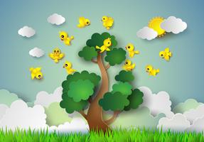 bird flying around a tree . vector