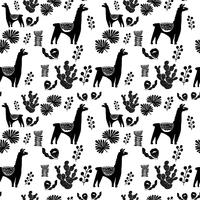 Illustration with llama and cactus plants. Vector seamless pattern on botanical background. Greeting card with Alpaca. Seamless pattern