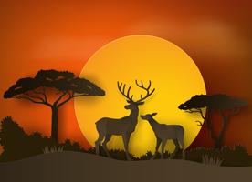  deer in forest with sunset vector