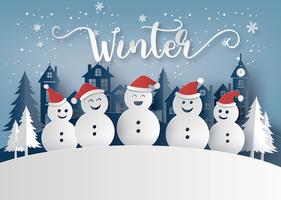 Temporada de invierno y feliz navidad con hombre de nieve. vector