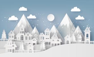 Winter Snow Urban Countryside Landscape City Village with ful lmoon vector