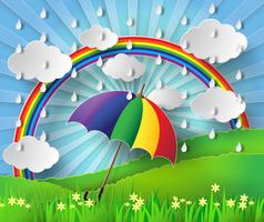  Colorful umbrella in the rain with rainbow. vector