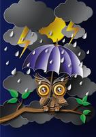 Owl holding an umbrella in the rain. vector