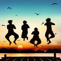 Happy girls are jumping, on silhouette art. vector