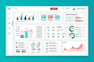 Panel de administración del panel del vector plantilla de diseño con elementos infográficos, gráfico, diagrama, gráficos de información. Panel de control del sitio web para la página web de diseño de ui y ux. Ilustracion vectorial