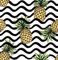 Abstract wave seamless pattern with pineapple. Tropical food stripe texture vector